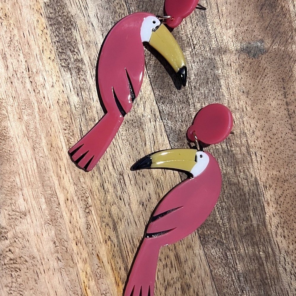 Bright Pink Statement Acrylic Toucan Bird Dangle Earrings - Picture 7 of 7